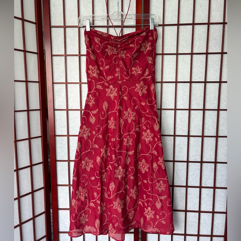 J. Crew Red strapless dress with floral pattern